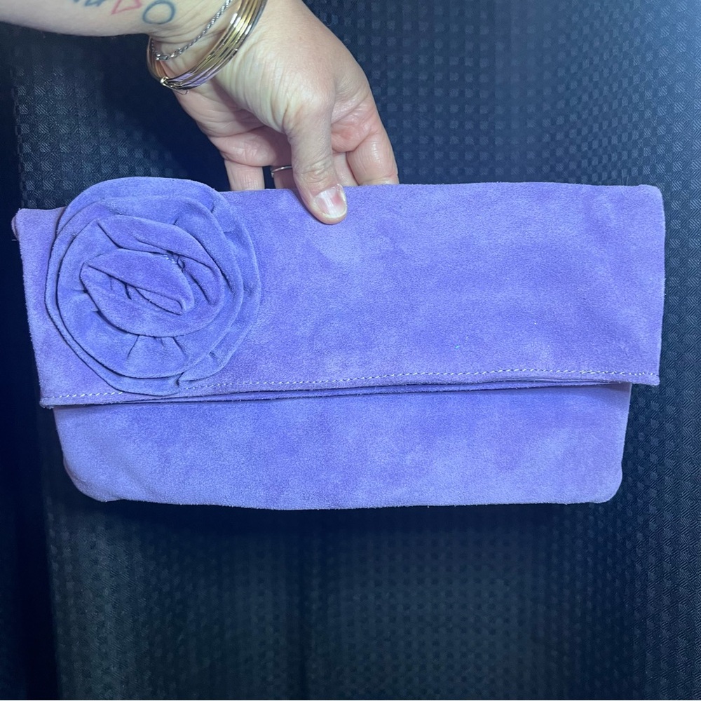 NWOT Lavender Suede Leather Clutch with Floral Accent | Italy - Picture 13 of 16